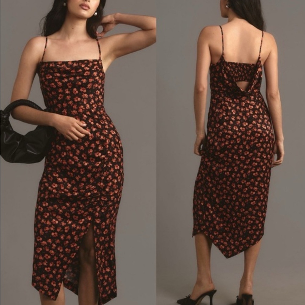Anthropologie Black and Orange floral Spaghetti Strap Midi Dress